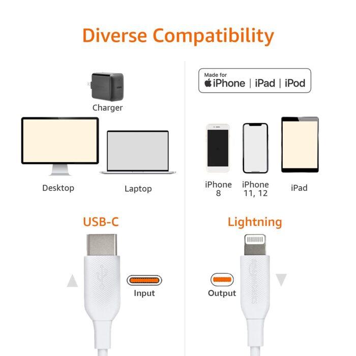 Amazon Basics Mfi Certified Usb-C To Lightning Cable Cord For Smartphone, 1-Ft, White - Image 2