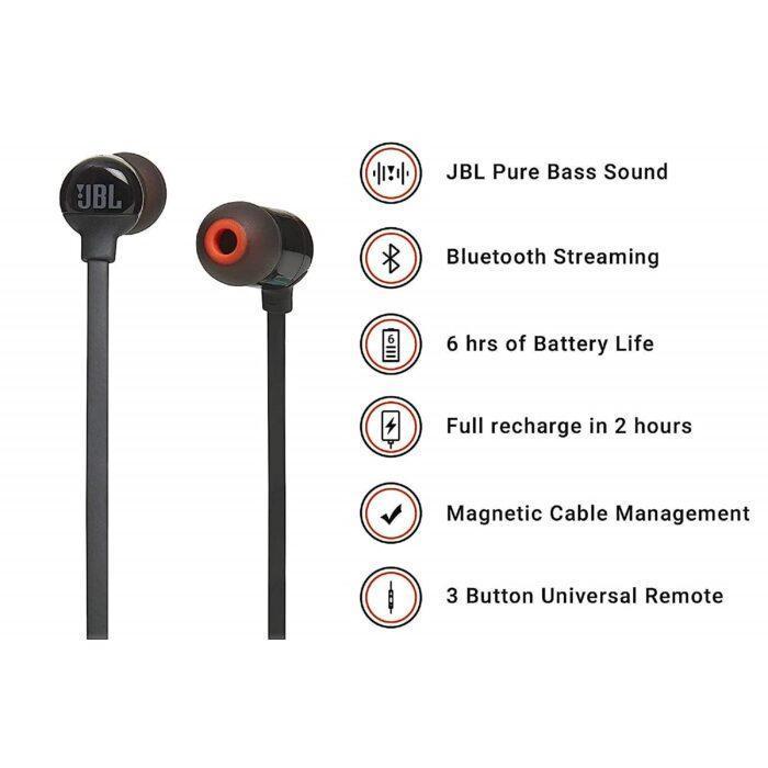 JBL T110BT by Harman Pure Bass in-Ear Wireless Headphone with Mic, Magnetic Cable and Quick Charging (Black) - Image 2