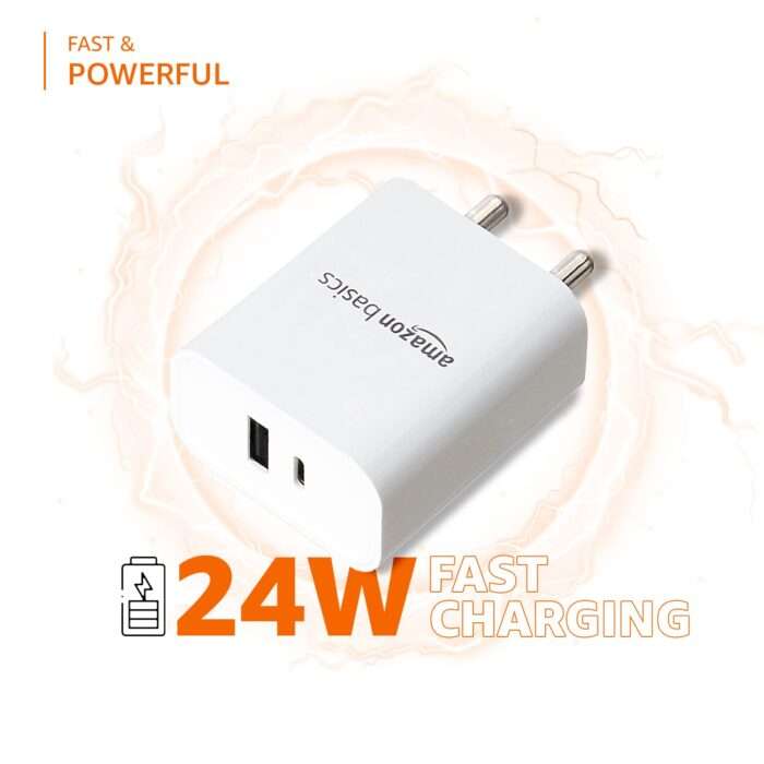 AmazonBasics 24W Phone Charger for Type C Adapter with Fast Charging Without Cable Easy to Carry Dual Output (White) - Image 4