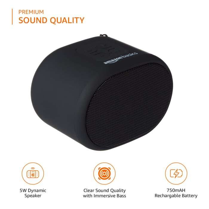Amazon Basics Bluetooth 5.0 Speaker, Powerful Bass, 5W Sound, Upto 19hrs Playtime, Noise Cancelling Mic - Black - Image 5
