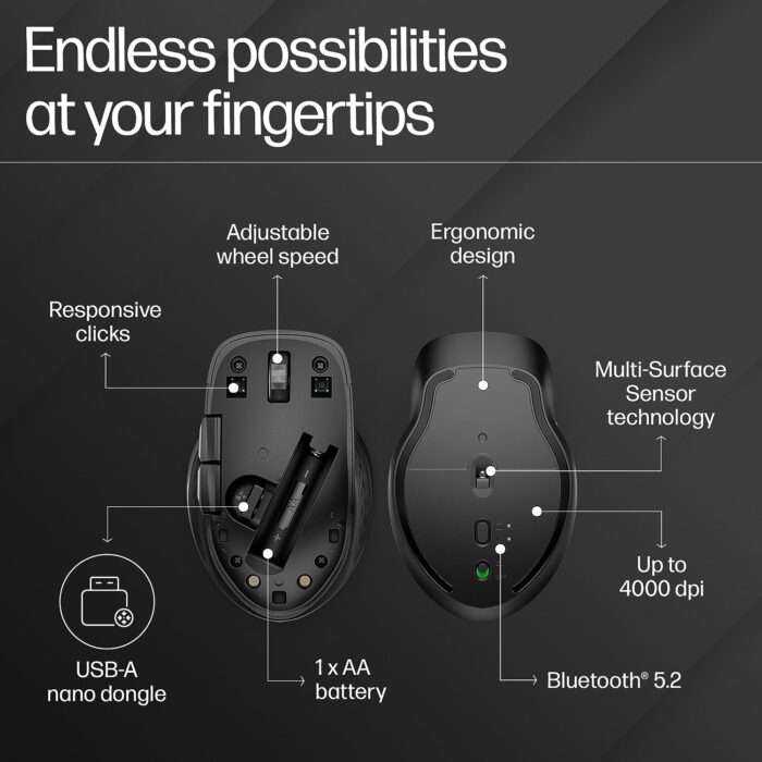HP 430 Multi-Device Wireless Mouse with 4 Programmable Buttons/ 800 DPI - 4000 DPI/ Fast Scrolling - Black - Image 7