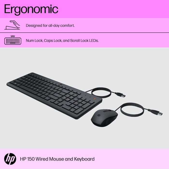 HP 150 Wired Keyboard and Mouse Combo with 12 Shortcut Keys and USB Mouse with 1600 DPI - 240J7AA - Image 3
