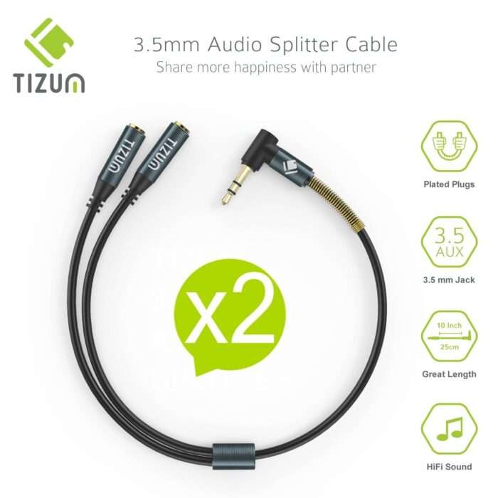 Tizum 3.5mm Audio Splitter-X2 Female Aux Jack, Premium Gold Plated Right Angle Connector with Spring Jacket (Grey) - Image 2