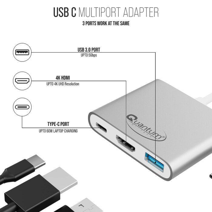 Quantum 3-in-1 USB Type C to Hdmi 4K Adapter & Other Type C Devices, Qhm7622 (Silver) Port - Image 3
