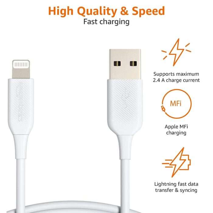 AmazonBasics New Release ABS USB-A to Lightning Cable Cord, Fast Charging Charge 3-Ft (White) - Image 3