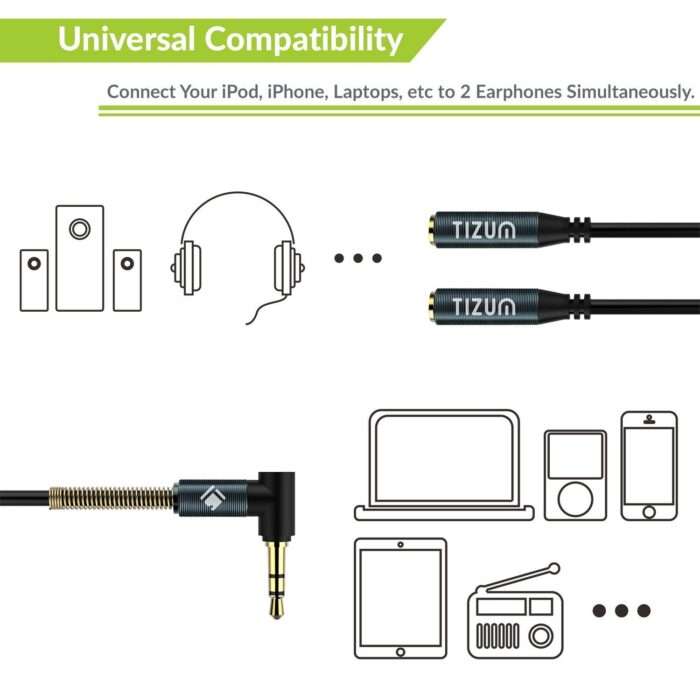 Tizum 3.5mm Audio Splitter-X2 Female Aux Jack, Premium Gold Plated Right Angle Connector with Spring Jacket (Grey) - Image 4