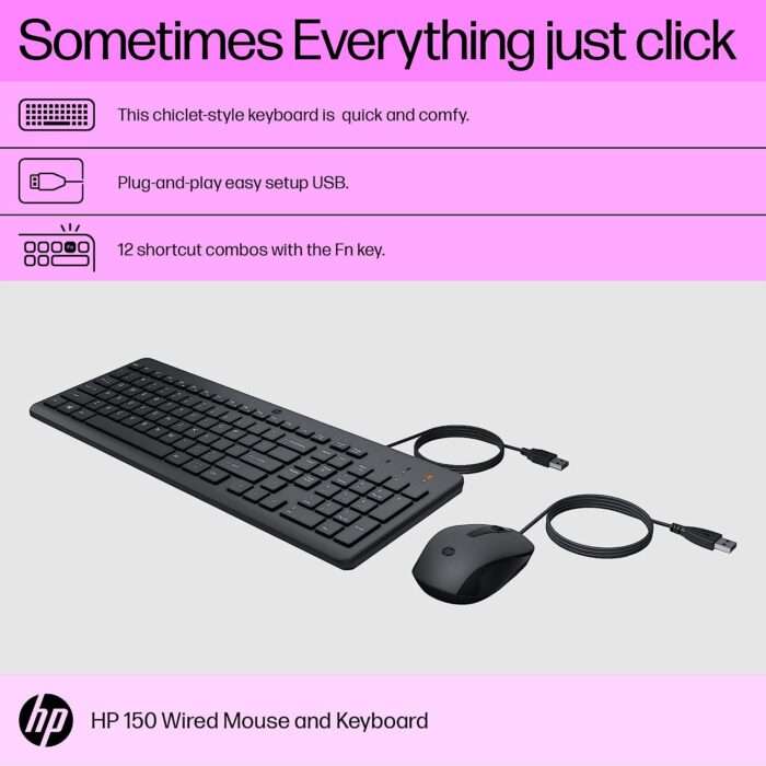 HP 150 Wired Keyboard and Mouse Combo with 12 Shortcut Keys and USB Mouse with 1600 DPI - 240J7AA - Image 2