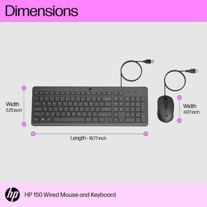 HP 150 Wired Keyboard and Mouse Combo with 12 Shortcut Keys and USB Mouse with 1600 DPI - 240J7AA - Image 4