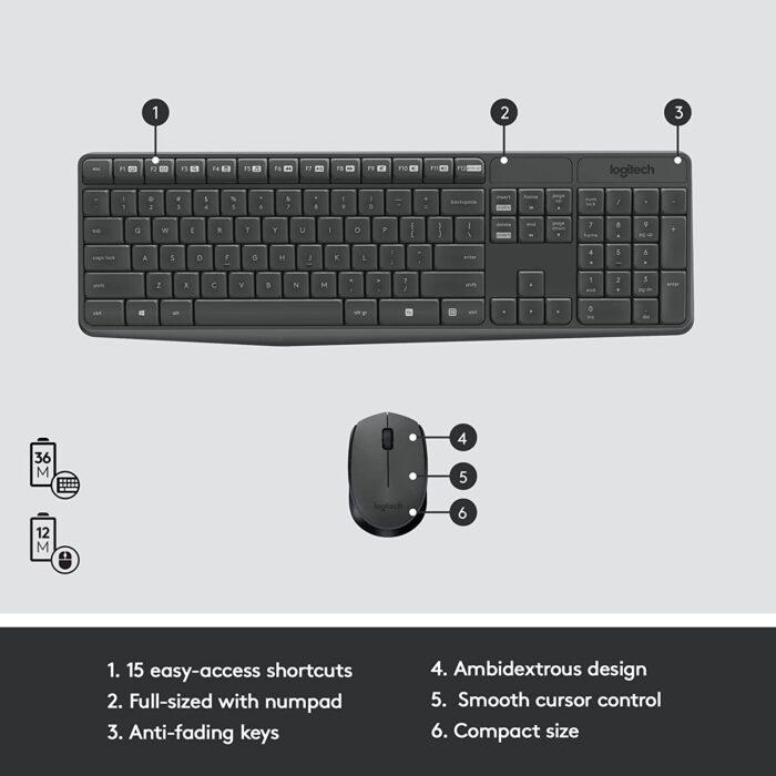 Logitech MK235 Wireless Keyboard and Mouse Set for Windows, 2.4 GHz Wireless Unifying USB Receiver, 15 FN Keys, Long Battery Life - Image 6