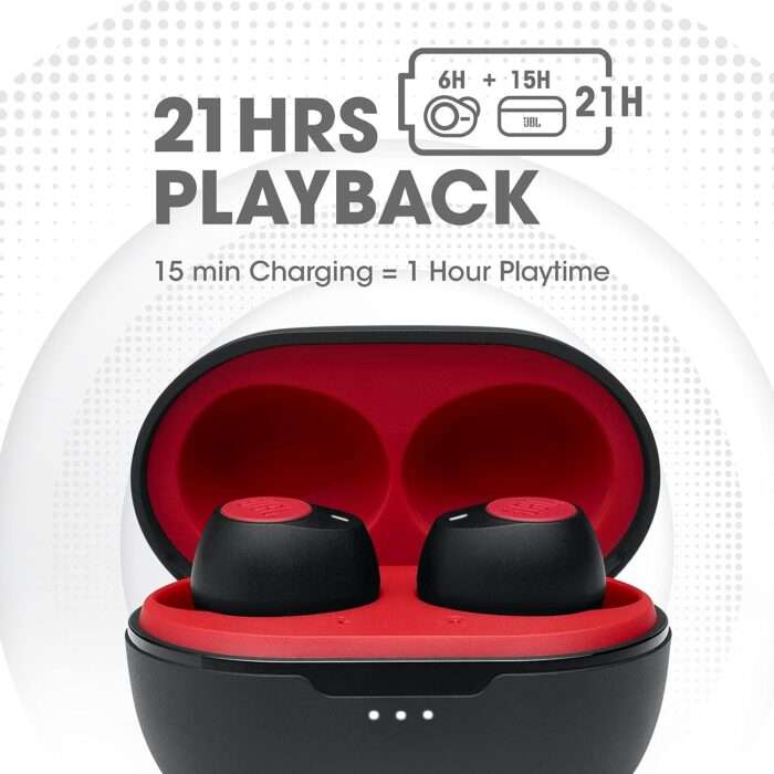 JBL C115 True Wireless in Ear Earbuds with Mic, Jumbo 21 Hours Playtime with Quick Charge, True Bass, Dual Connect, Bluetooth 5.0 - Red - Image 2