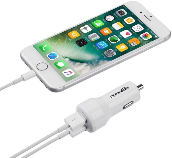 AmazonBasics 4.8 Amp/24W Dual USB Car Charger for Apple & Android Devices, White - Image 3