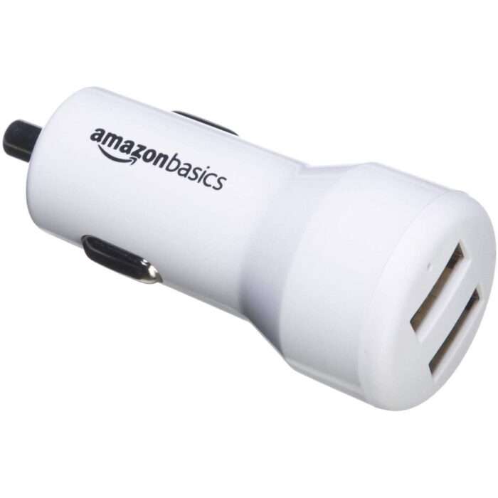 AmazonBasics 4.8 Amp/24W Dual USB Car Charger for Apple & Android Devices, White - Image 1