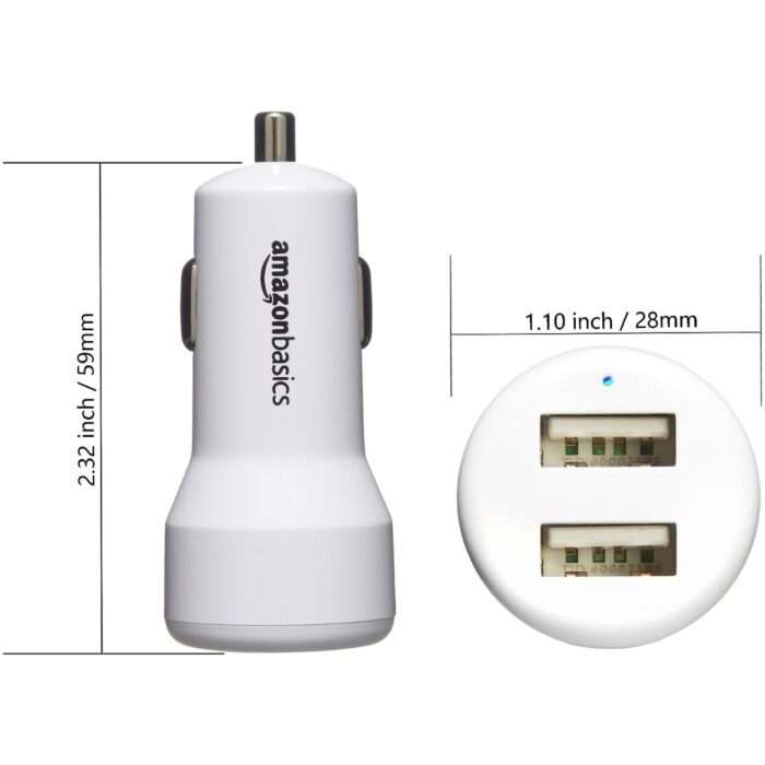 AmazonBasics 4.8 Amp/24W Dual USB Car Charger for Apple & Android Devices, White - Image 2