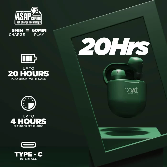 boAt Airdopes 381 Bluetooth In-Ear Wireless Earbuds with 7mm Rhythmic Dynamic Drivers, Nonstop Music UpTo 20 Hours - Army Green - Image 2