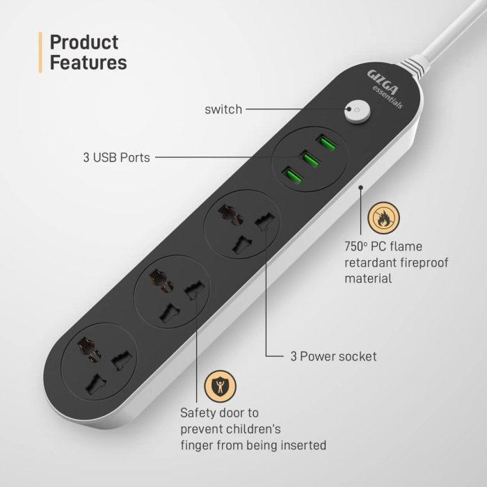 Gizga Essentials Power Extension Board 3 USB 3.1A Auto-Max Ports 2500W 10A, Flame Proof, 2m Cord Length - Image 2