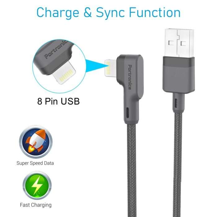 Portronics Konnect L 1.2M Fast Charging 3A 8 Pin USB Cable with Charge & Sync Function for iPhone, iPad (Grey) - Image 3