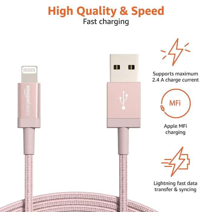 Amazon Basics New Release Nylon USB-A to Lightning Cable Cord, Fast Charging MFi Certified Charger for Apple iPhone, iPad (3-Ft, Rose Gold) - Image 6