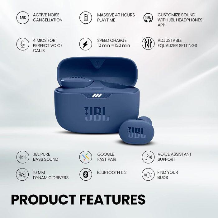 JBL Tune 130NC TWS Earbuds Active Noise Cancellation (Upto 40dB) Adjust EQ for Extra Bass Massive 40Hrs Playtime - Blue - Image 3