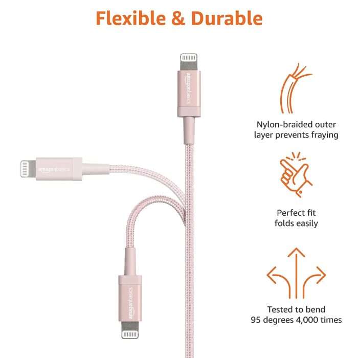 Amazon Basics New Release Nylon USB-A to Lightning Cable Cord, Fast Charging MFi Certified Charger for Apple iPhone, iPad (3-Ft, Rose Gold) - Image 4