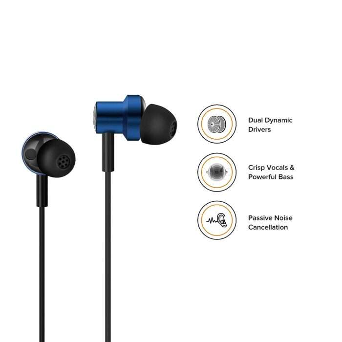 XIAOMI Dual Driver Dynamic Bass in-Ear Wired Earphones with Mic, 10mm & 8mm Dual Dynamic Drivers for Heavy Bass - Blue - Image 2