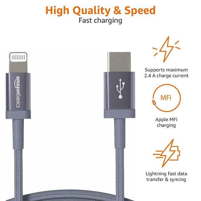 Amazonbasics Nylon Braided Usb-C To Lightning Cable, Fast Charging Mfi Certified Smartphone, Iphone Charger (3-Foot, Dark Grey) - Image 5