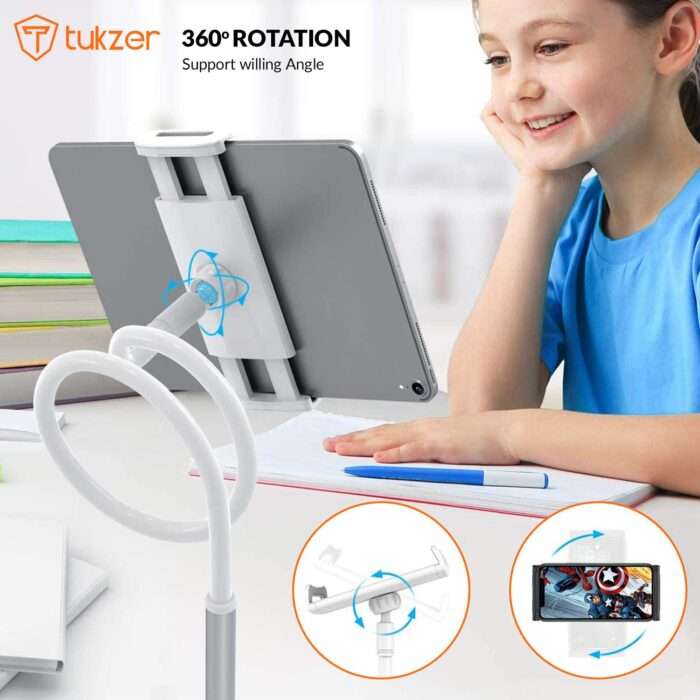Tukzer Universal Tabletop Mobile & Tablet Holder with 360 Degree Flexible Rotation for Bed, Table, Kitchen, Bathroom - White - Image 4