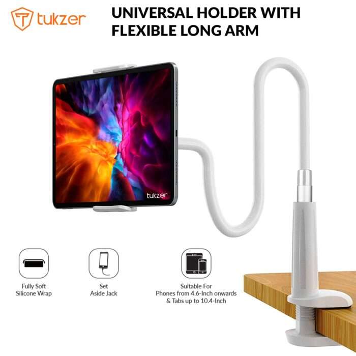 Tukzer Universal Tabletop Mobile & Tablet Holder with 360 Degree Flexible Rotation for Bed, Table, Kitchen, Bathroom - White - Image 3