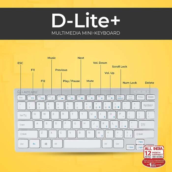 Lapcare D-Lite Plus Wired Mini Keyboard with Chocolate Keys - Silver - Image 2