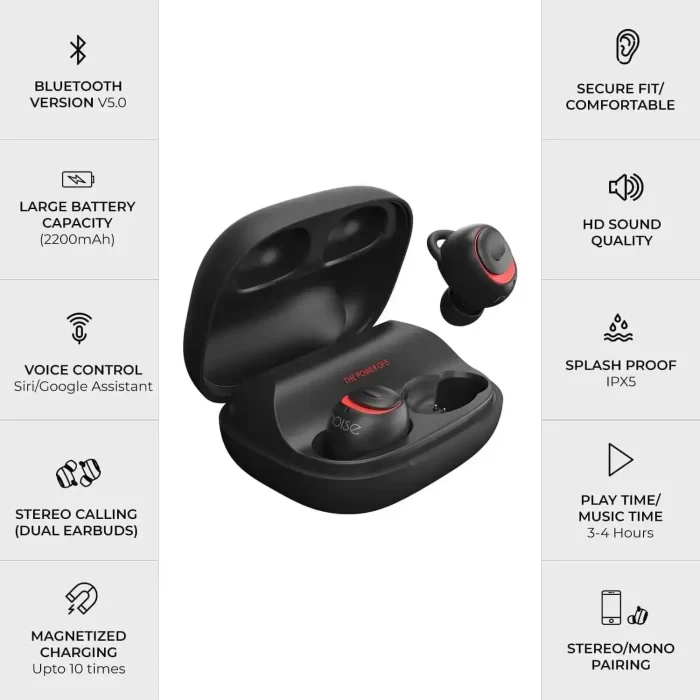 Noise Shots X5 Charge Truly Wireless Bluetooth Earbuds Earphones with PowerBank Case - Hot Black - Image 2