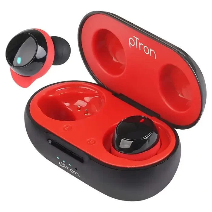 pTron Bassbuds Evo BT v5.0 Touch Control Wireless in Ear TWS Passive Noise Cancelling (Black & Red) - Image 1