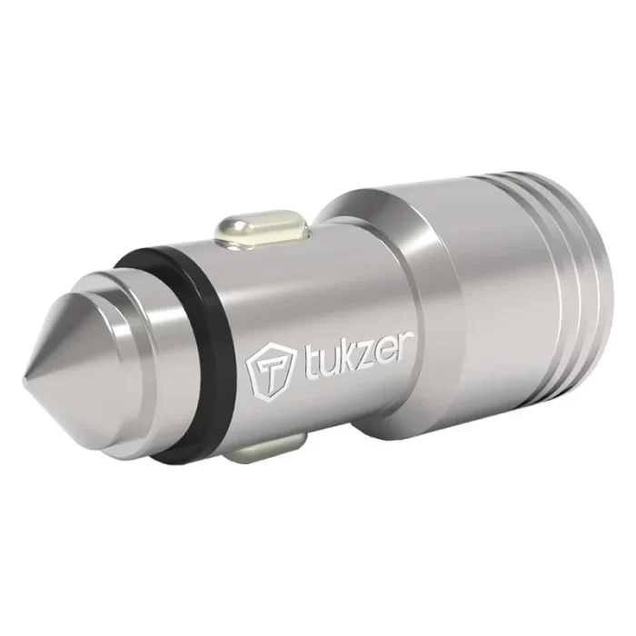 Tukzer 4.8 Amp Universal Car Mobile Charger Dual USB Port Fast Charging, Emergency Glass Breaker Steel Tip (Silver) - Image 1
