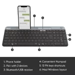 Logitech K580 Slim Multi-Device Wireless Keyboard Bluetooth/Receiver, Compact, Easy Switch, 24 Month Battery, Win/Mac, Desktop, Tablet, Smartphone, Laptop Compatible - Graphite - Image 2