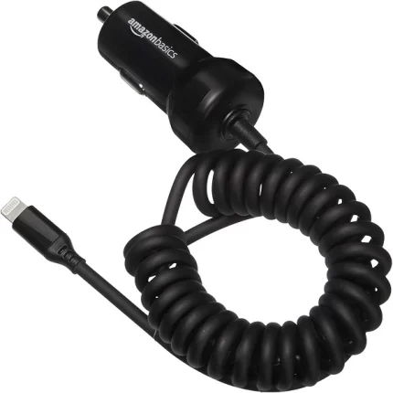 Amazon Basics 12W (5V, 2.4A) Fast Charging Car Charger with Coiled Lightning Cable for iPhone, iPad and Apple Devices, 1.5 ft - Black