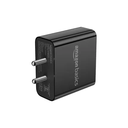 amazon basics 65W Compact Wall Charger, Dual Port Pd Qc3.0 with USB-C and USB-A Charging Adapter Black