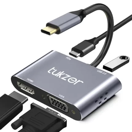 Tukzer 4-in-1 Type-C Hub to HDMI 4K@30Hz, VGA 1080P@60Hz, USB 3.0 Data, 100W PD, MultiPort Adapter Compatible with MacBook Pro Air iPad, Dell, Samsung Galaxy & Other Type-C Device